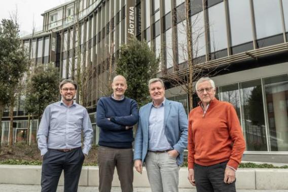 Steven Verdoolaege, Geert Sintobin, Bart Wenes en Geert Depondt voor het nieuwe hoofdkwartier van Motena. © stefaan beel